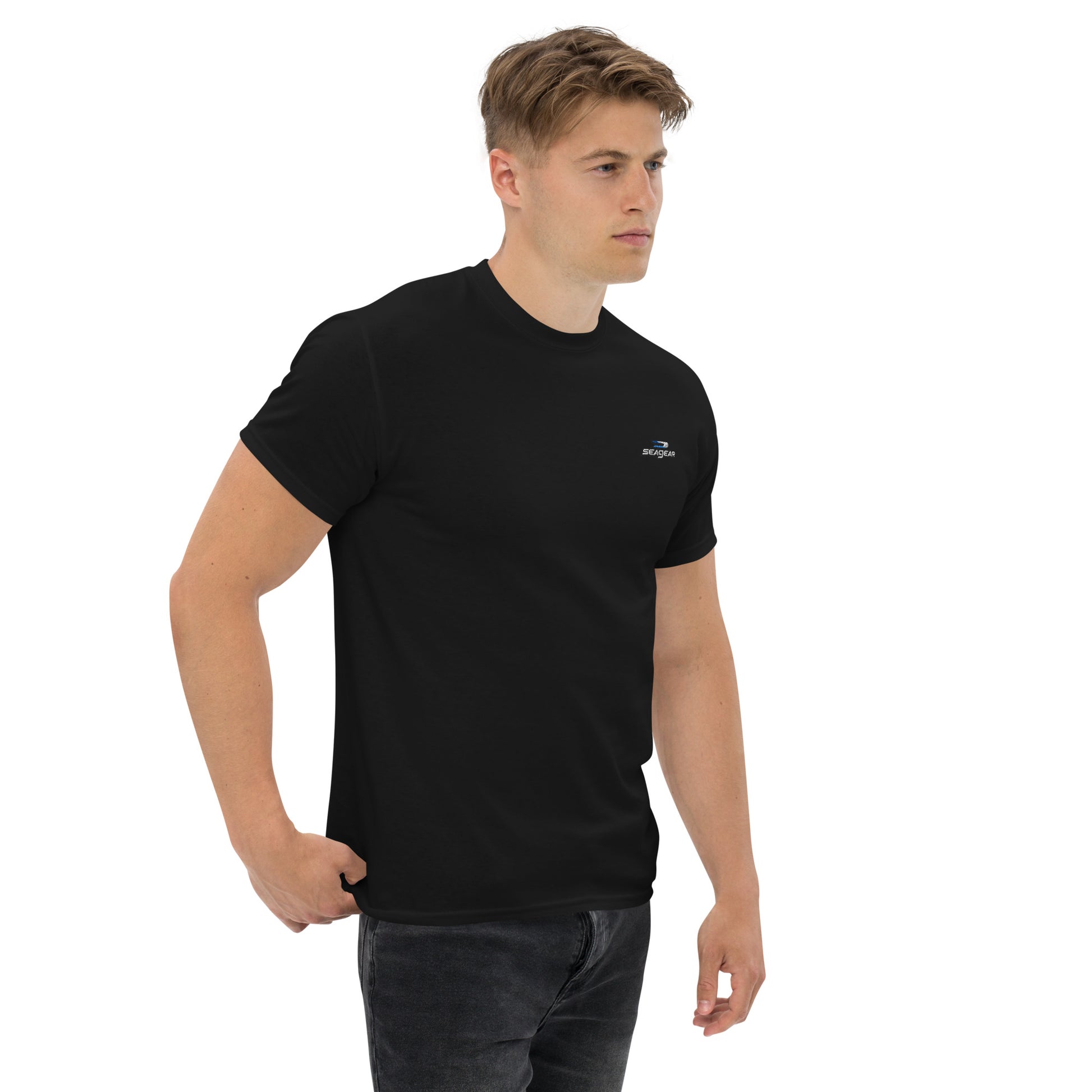 SeaGear 100% Cotton Embroidered T-Shirt in black, featuring a classic design with a stylish embroidered logo. Made from premium, breathable cotton, this comfortable tee is perfect for all-day wear. Whether you're on the boat, at the marina, or showing off your love for the water, this shirt combines comfort and style.