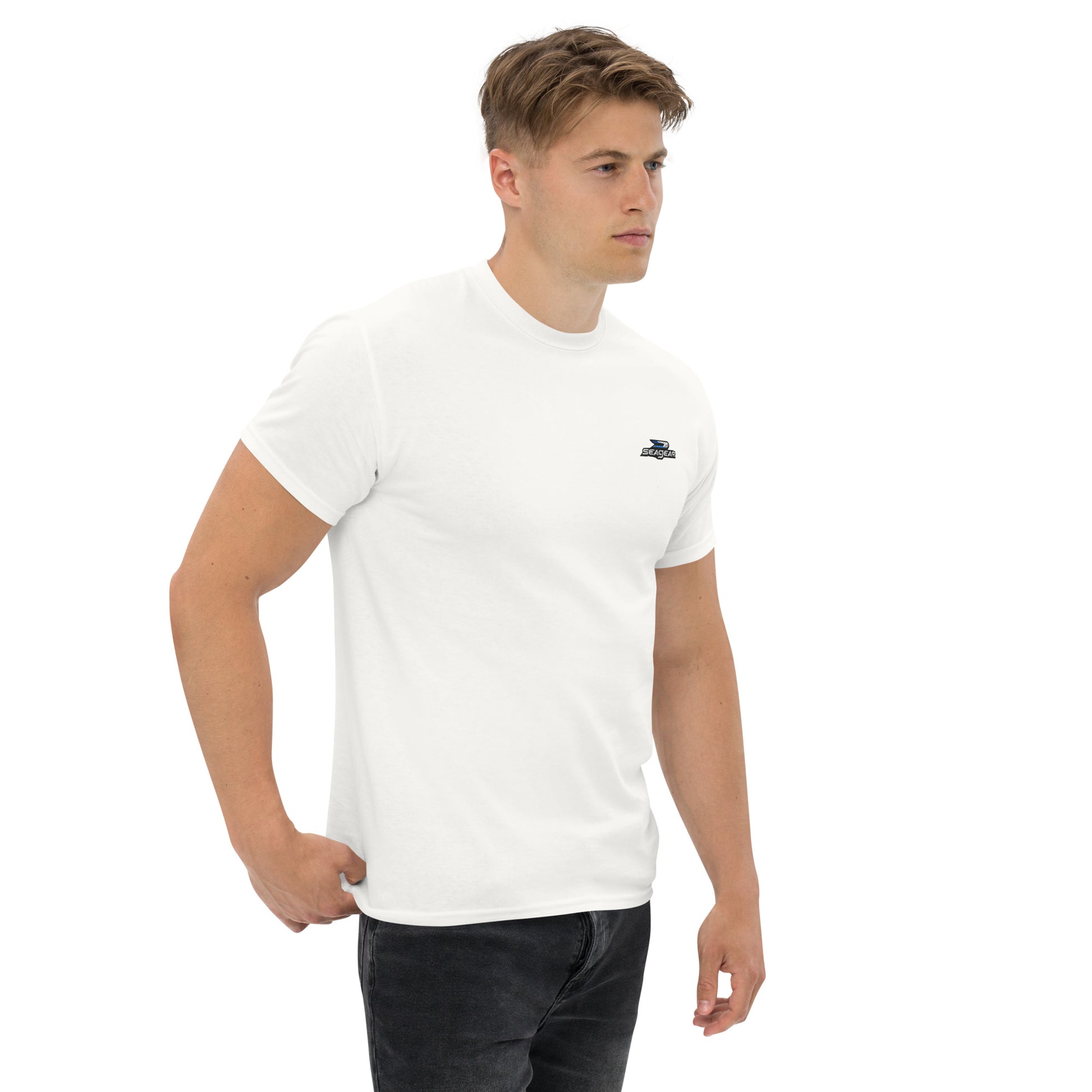 SeaGear 100% Cotton Embroidered T-Shirt in White, featuring a classic design with a stylish embroidered logo. Made from premium, breathable cotton, this comfortable tee is perfect for all-day wear. Whether you're on the boat, at the marina, or showing off your love for the water, this shirt combines comfort and style.