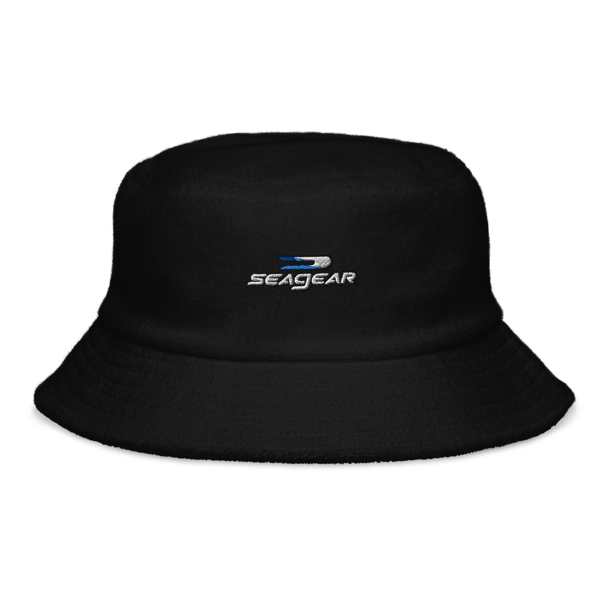 A soft, terry toweling bucket hat in a neutral color, featuring the 'SeaGear' logo embroidered on the front. The hat has a classic, wide-brimmed shape for sun protection, and its textured fabric provides a cozy, absorbent feel, making it perfect for beach or poolside wear.